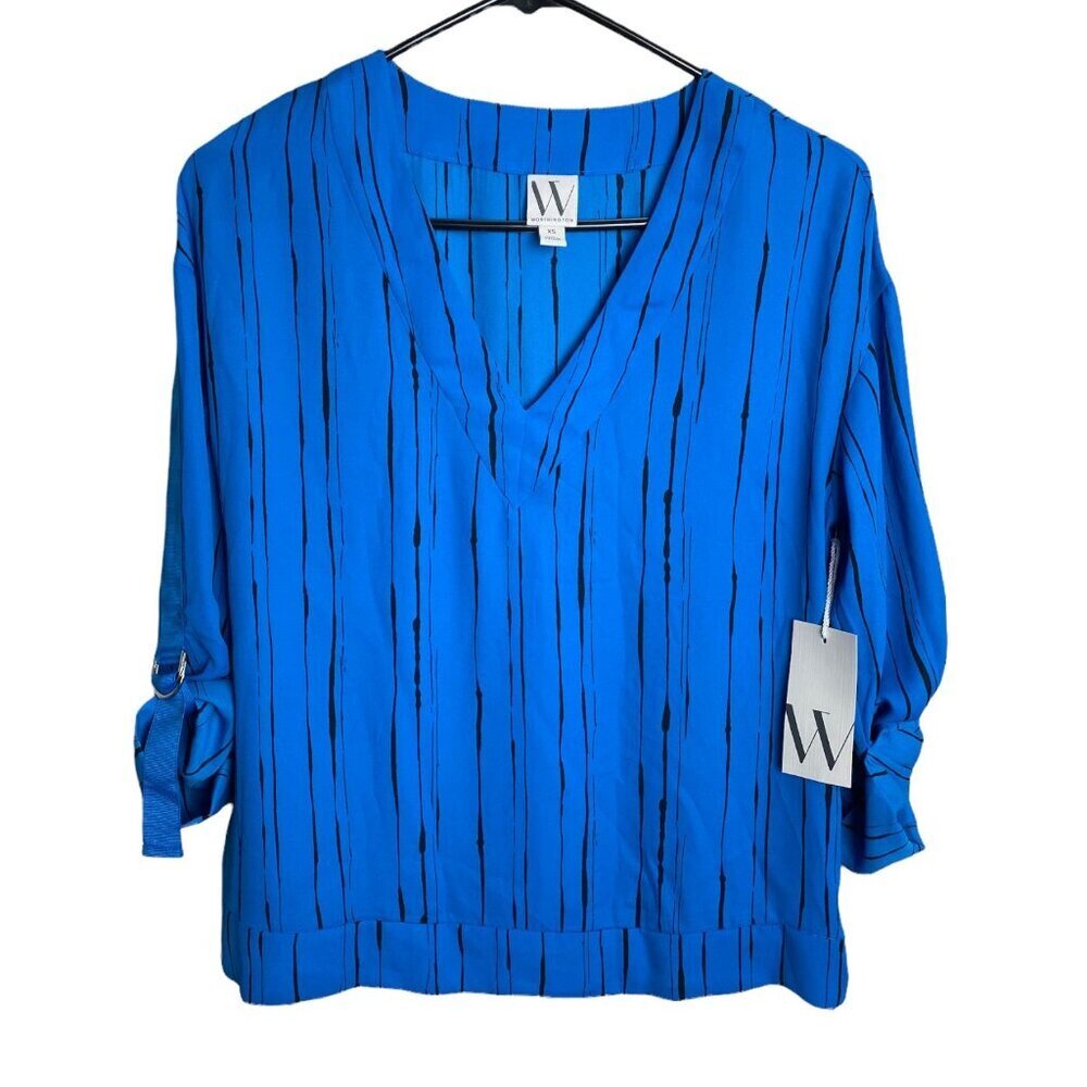 Worthington NWT Blouse Giada Stripe V-Neck 3/4 Sleeve Blue Women's Sz XS